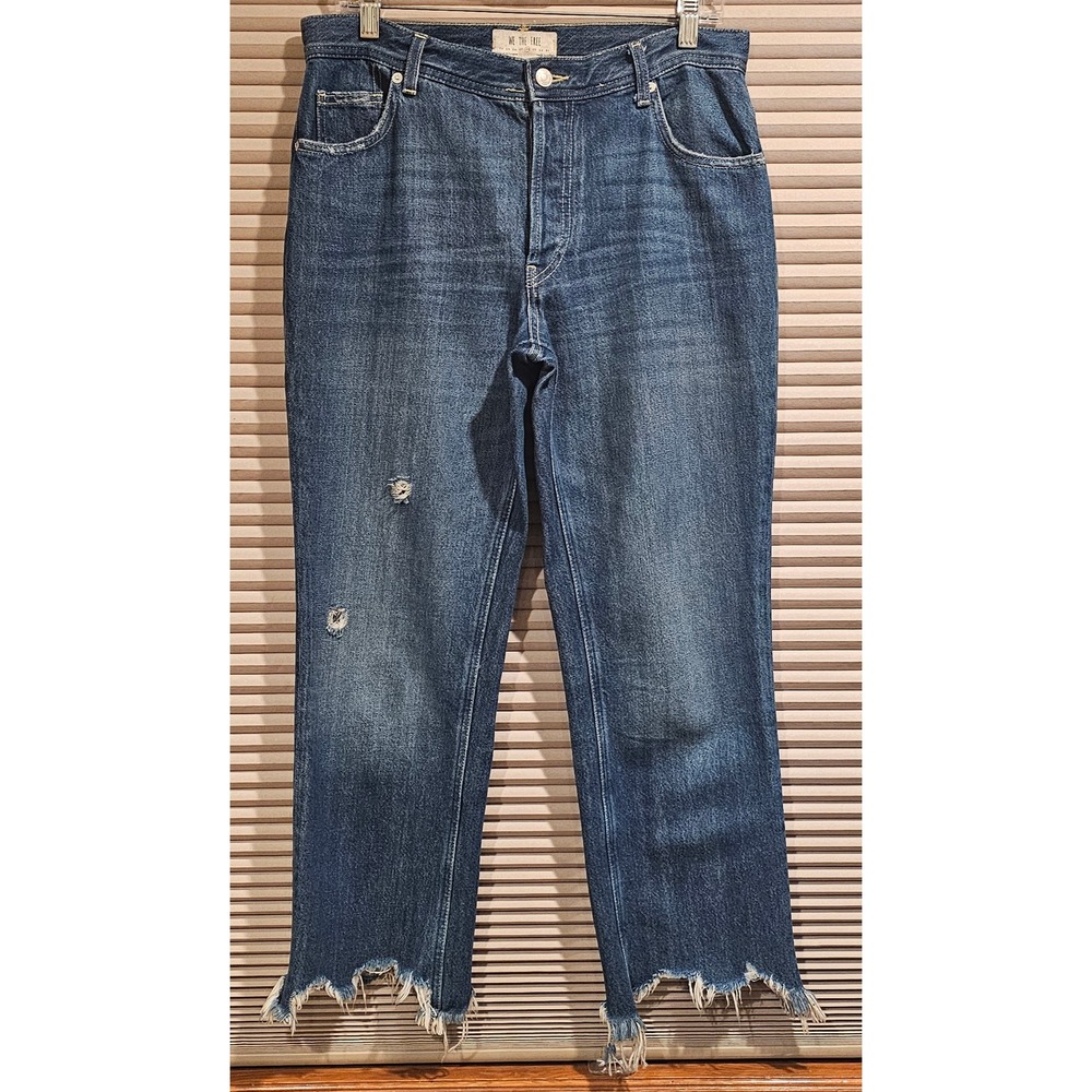 We The Free Free People Straight Leg Distressed Raw Hem Jeans Blue 28